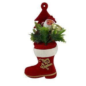 Vintage Flocked Santa Claus Boot Tree Merry Christmas Bell Wall Hanging